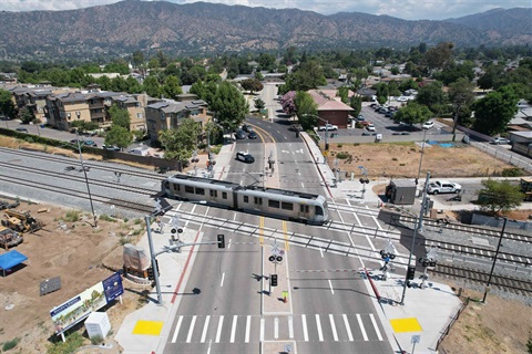 aerial photo of the metro a-line train testing at the Glendora Ave crossing